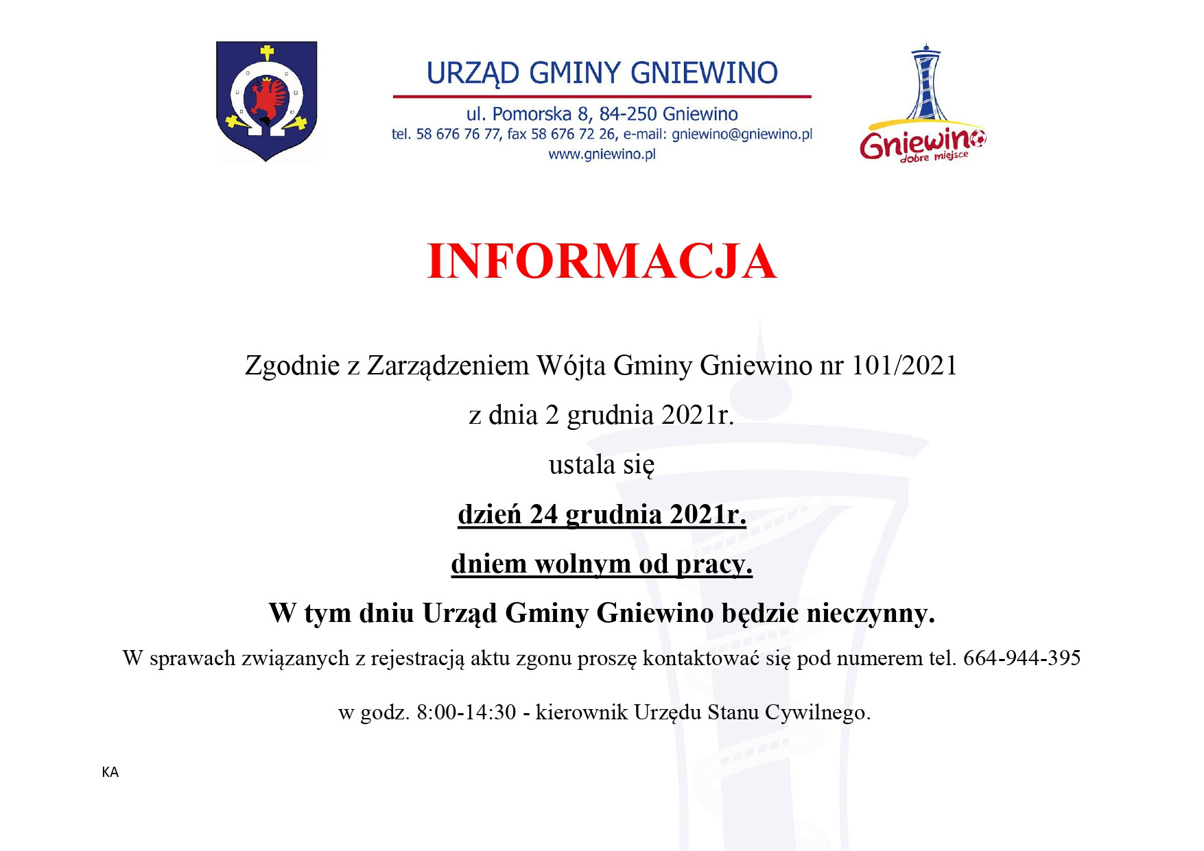Nieczynny Urząd Gminy w&nbsp;dniu 24.12.2021 r.