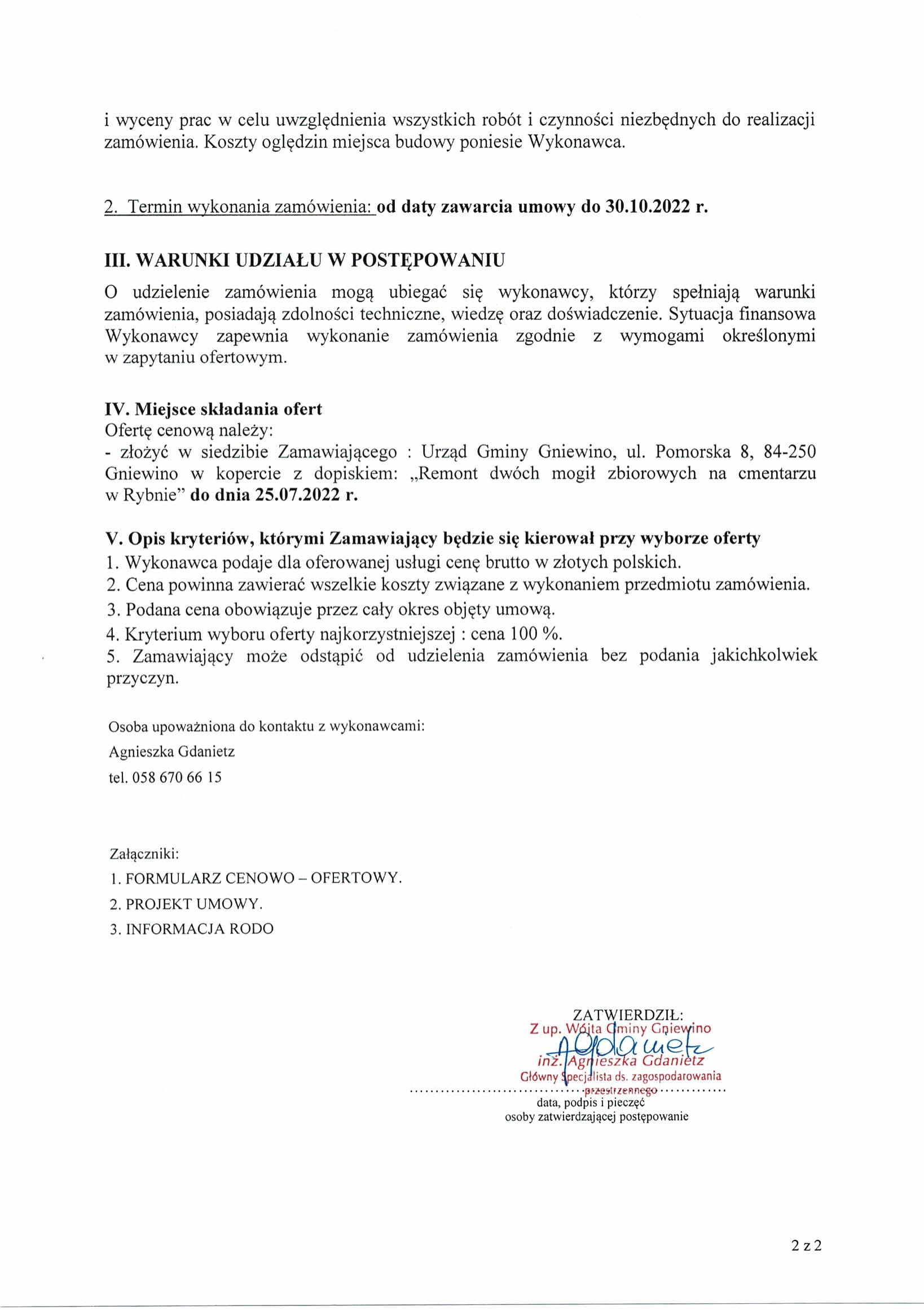 Zapytanie ofertowe dotyczące renowacji cmentarza wojennego Ofiar Marszu Śmierci więźniów KL "Stutthof" w Rybnie